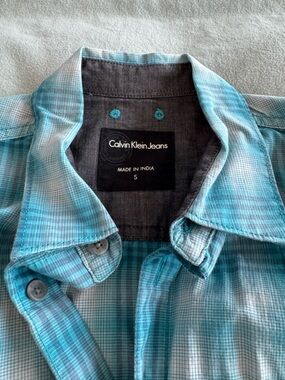 Calvin Klein Jeans Teal and Aqua Plaid Shirt